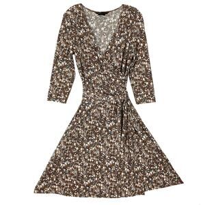 NWOT BCBGMAXAZRIA Dress L Brown Geometric-Print Faux-Wrap Tie Stretch Multicolor